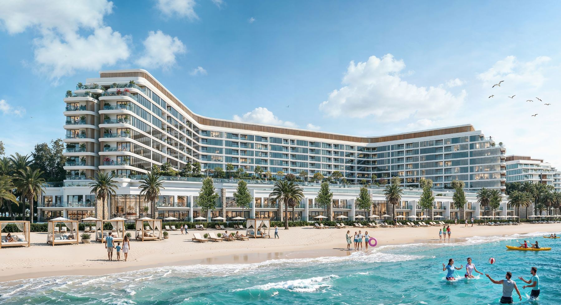 Curved beachfront apartment building above a sandy beach (developer render)
