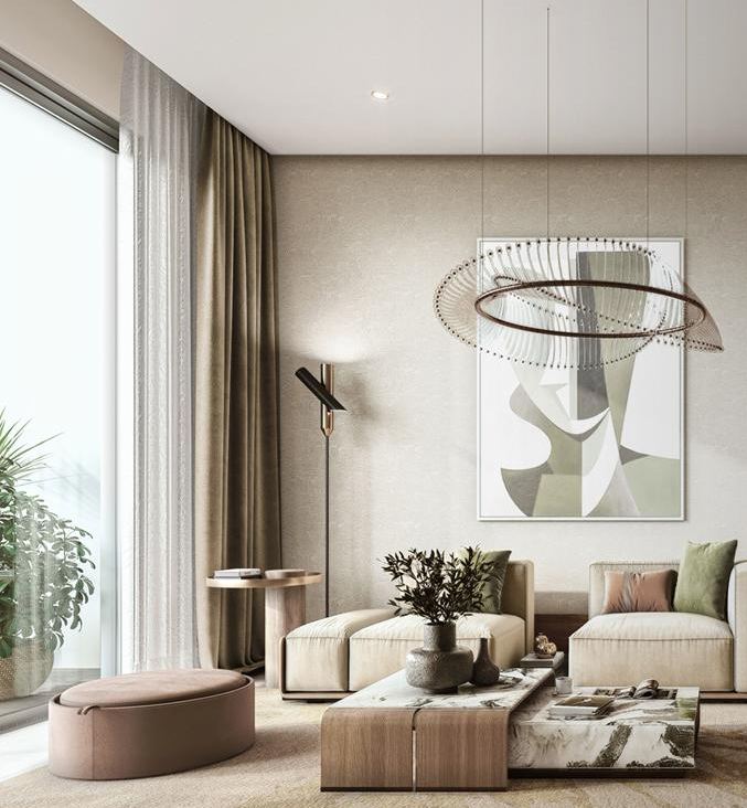 Furnished living room with neutral sofas and a sculptural pendant light (developer render)